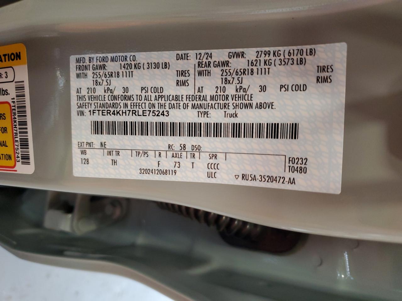 2024 Ford Ranger Lariat VIN: 1FTER4KH7RLE75243 Lot: 67070235