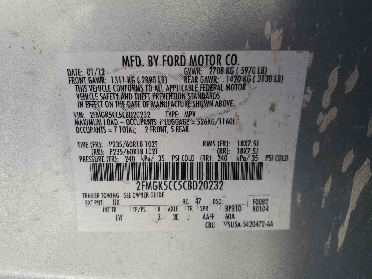 2012 Ford Flex Sel VIN: 2FMGK5CC5CBD20232 Lot: 70122195