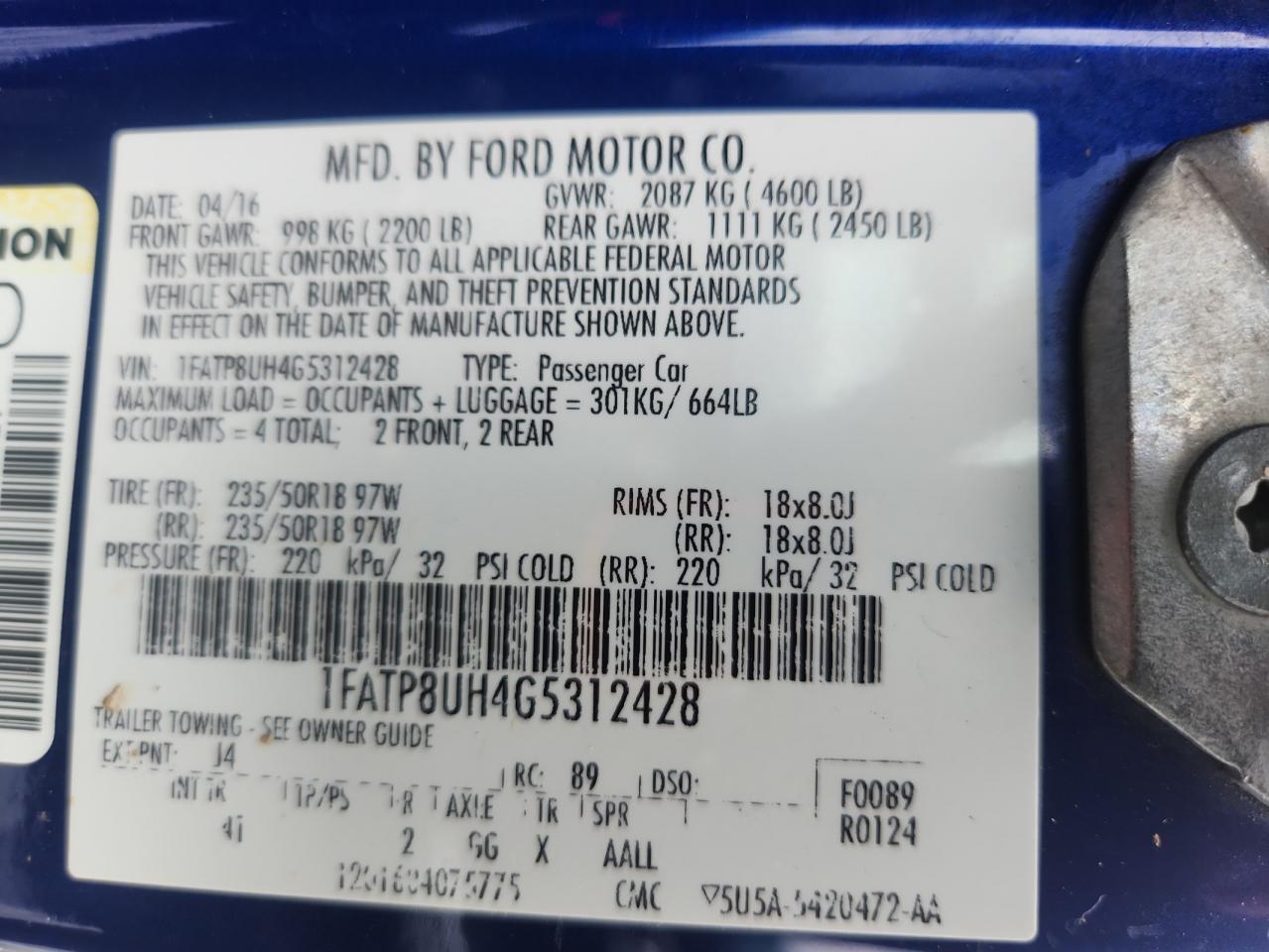 2016 Ford Mustang VIN: 1FATP8UH4G5312428 Lot: 67107705