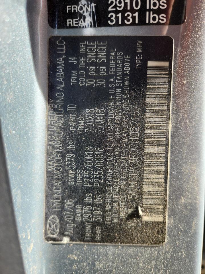 2007 Hyundai Santa Fe Se VIN: 5NMSH13E07H022167 Lot: 70032425