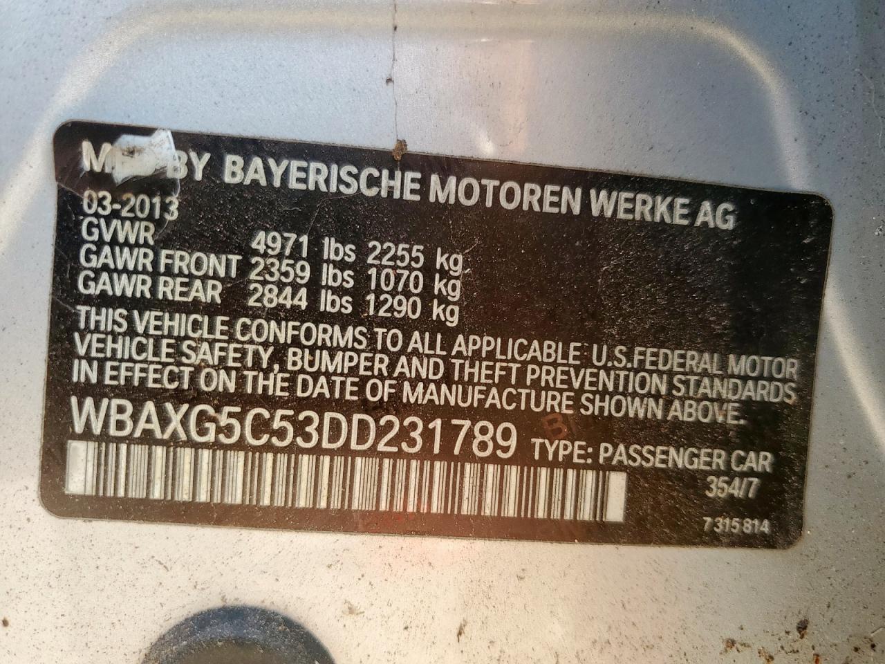 2013 BMW 528 I VIN: WBAXG5C53DD231789 Lot: 69496755