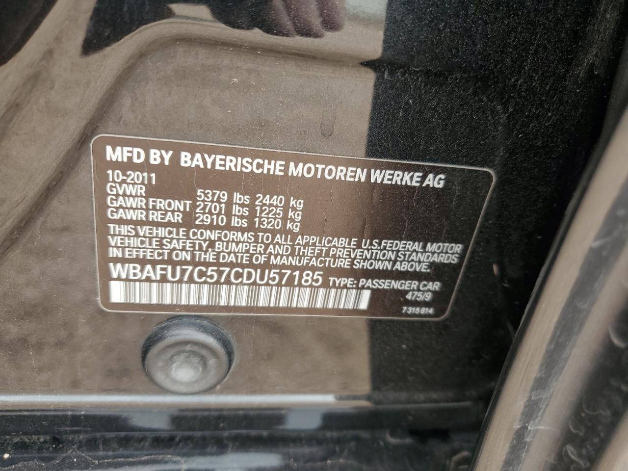 2012 BMW 535 Xi VIN: WBAFU7C57CDU57185 Lot: 70349395