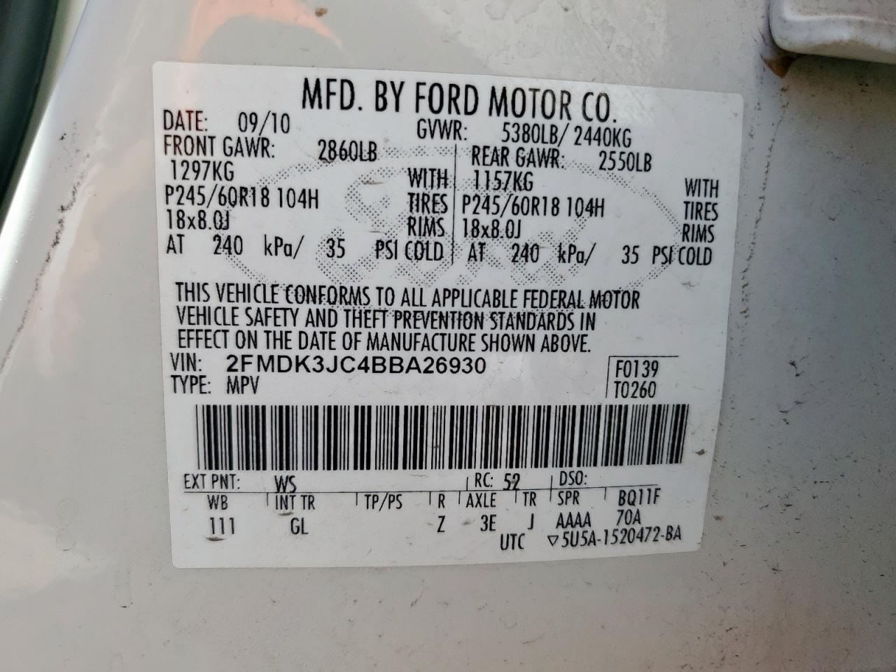 2011 Ford Edge Sel VIN: 2FMDK3JC4BBA26930 Lot: 69657265