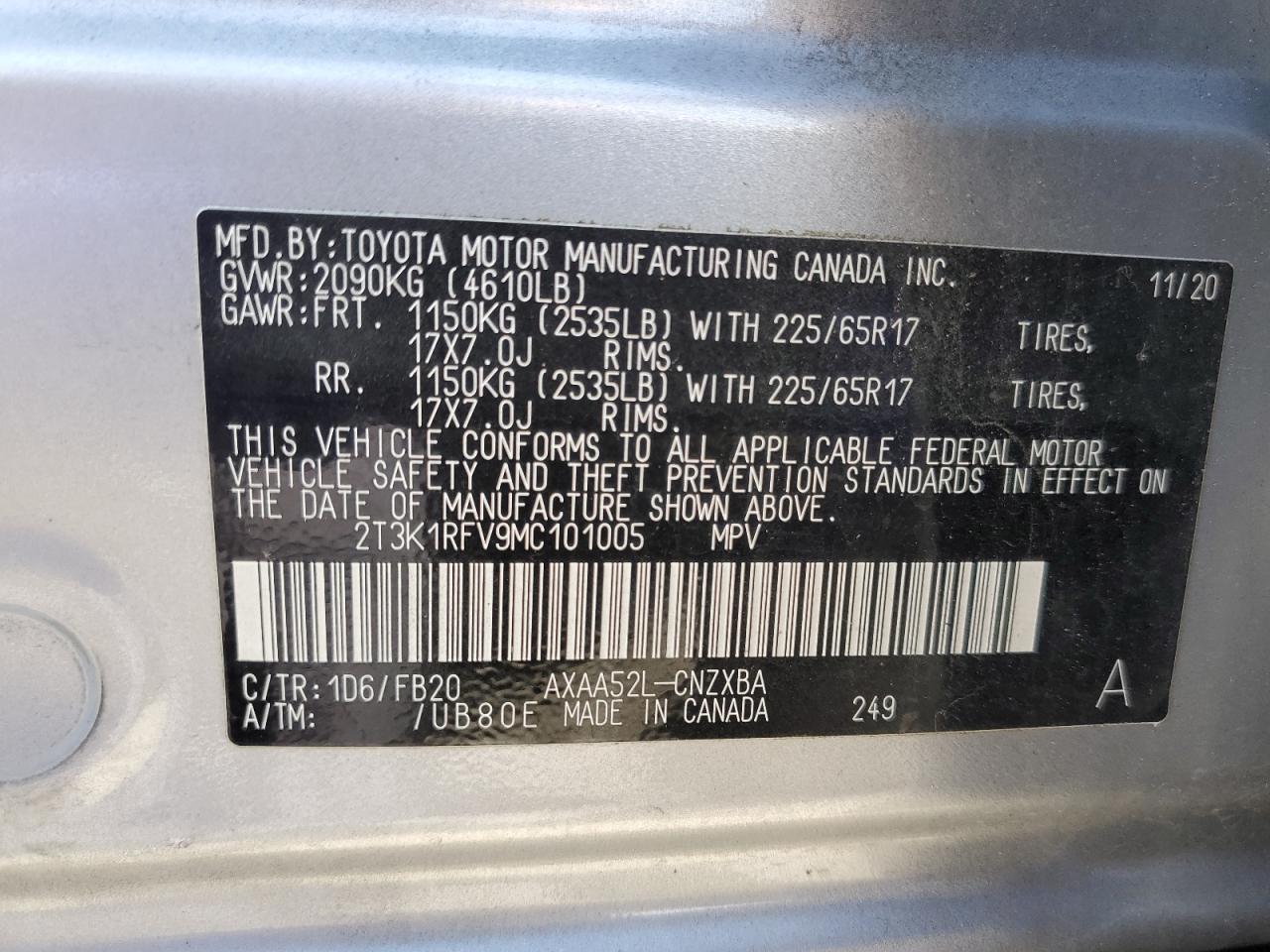 2021 Toyota Rav4 Le VIN: 2T3K1RFV9MC101005 Lot: 69851405