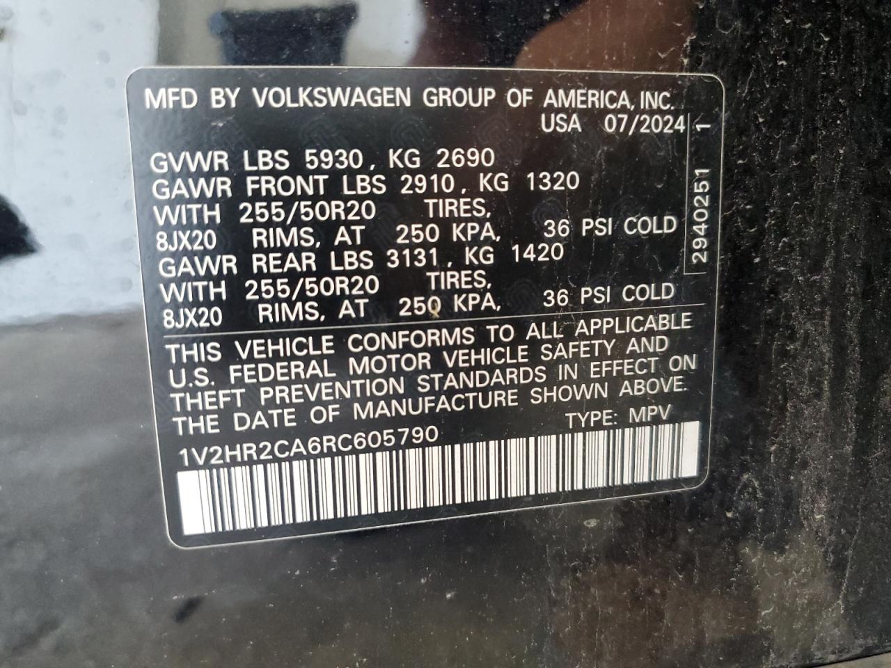 2024 Volkswagen Atlas Se VIN: 1V2HR2CA6RC605790 Lot: 70090705