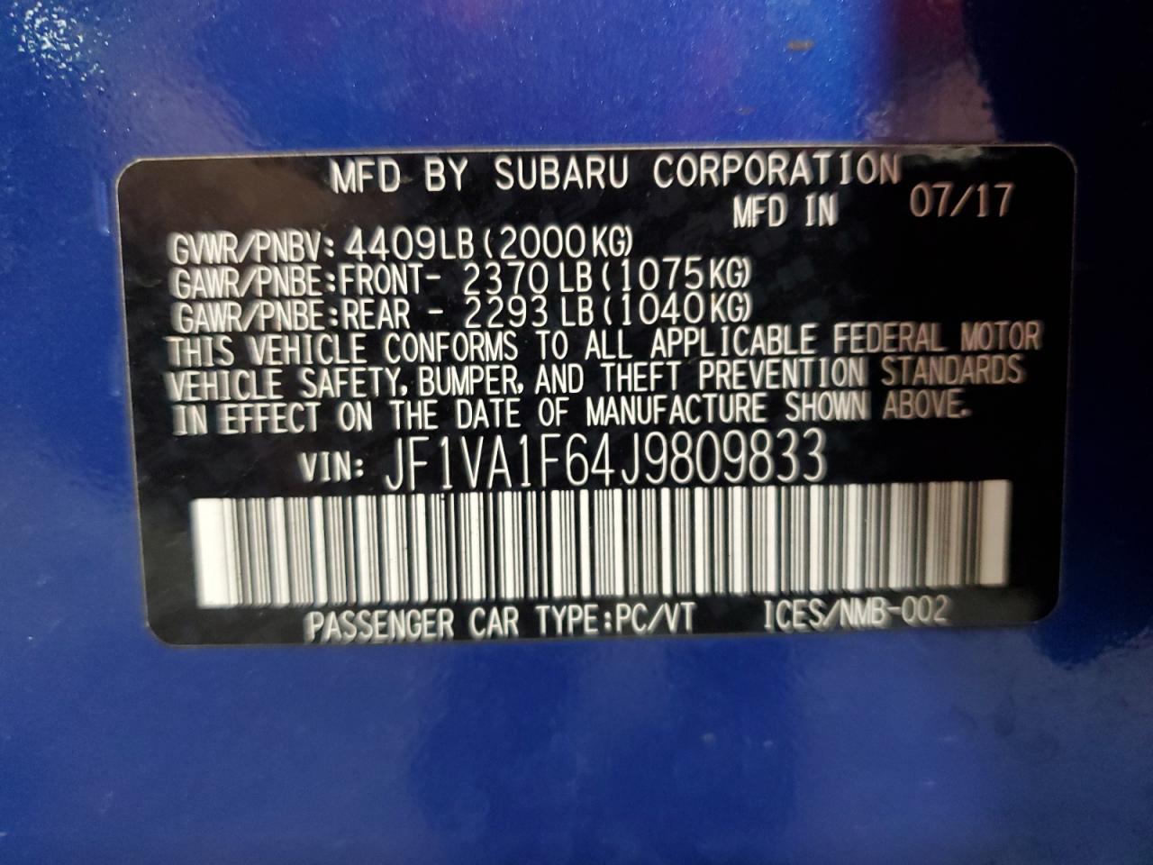 2018 Subaru Wrx Limited VIN: JF1VA1F64J9809833 Lot: 70319955