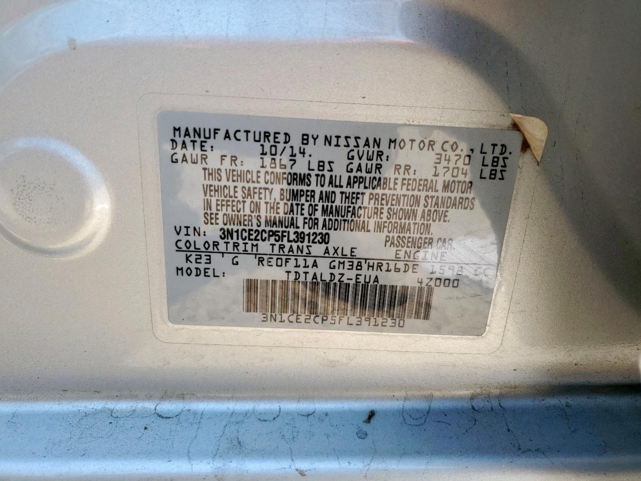 2015 Nissan Versa Note S VIN: 3N1CE2CP5FL391230 Lot: 70258505