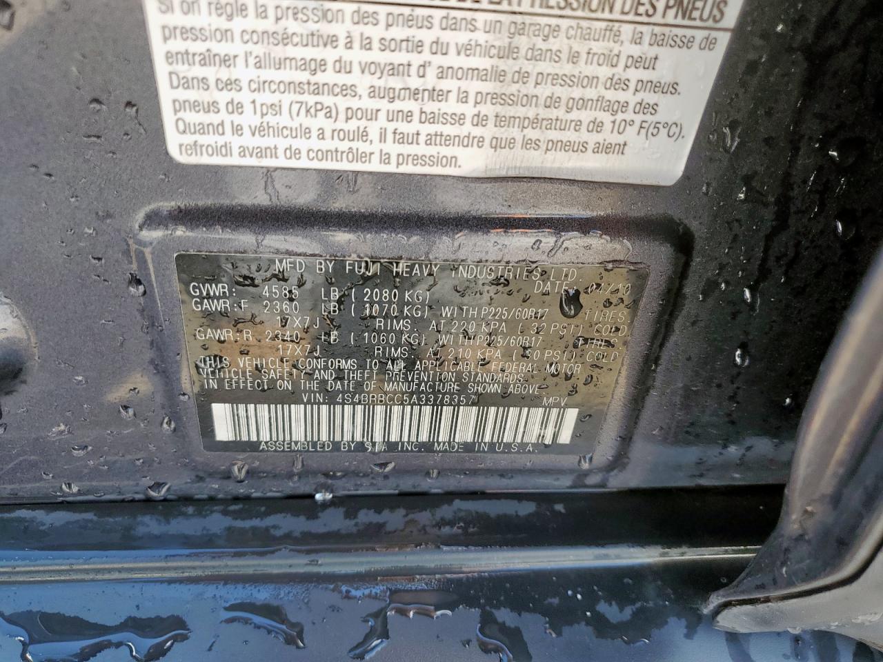 2010 Subaru Outback 2.5I Premium VIN: 4S4BRBCC5A3378357 Lot: 69367175