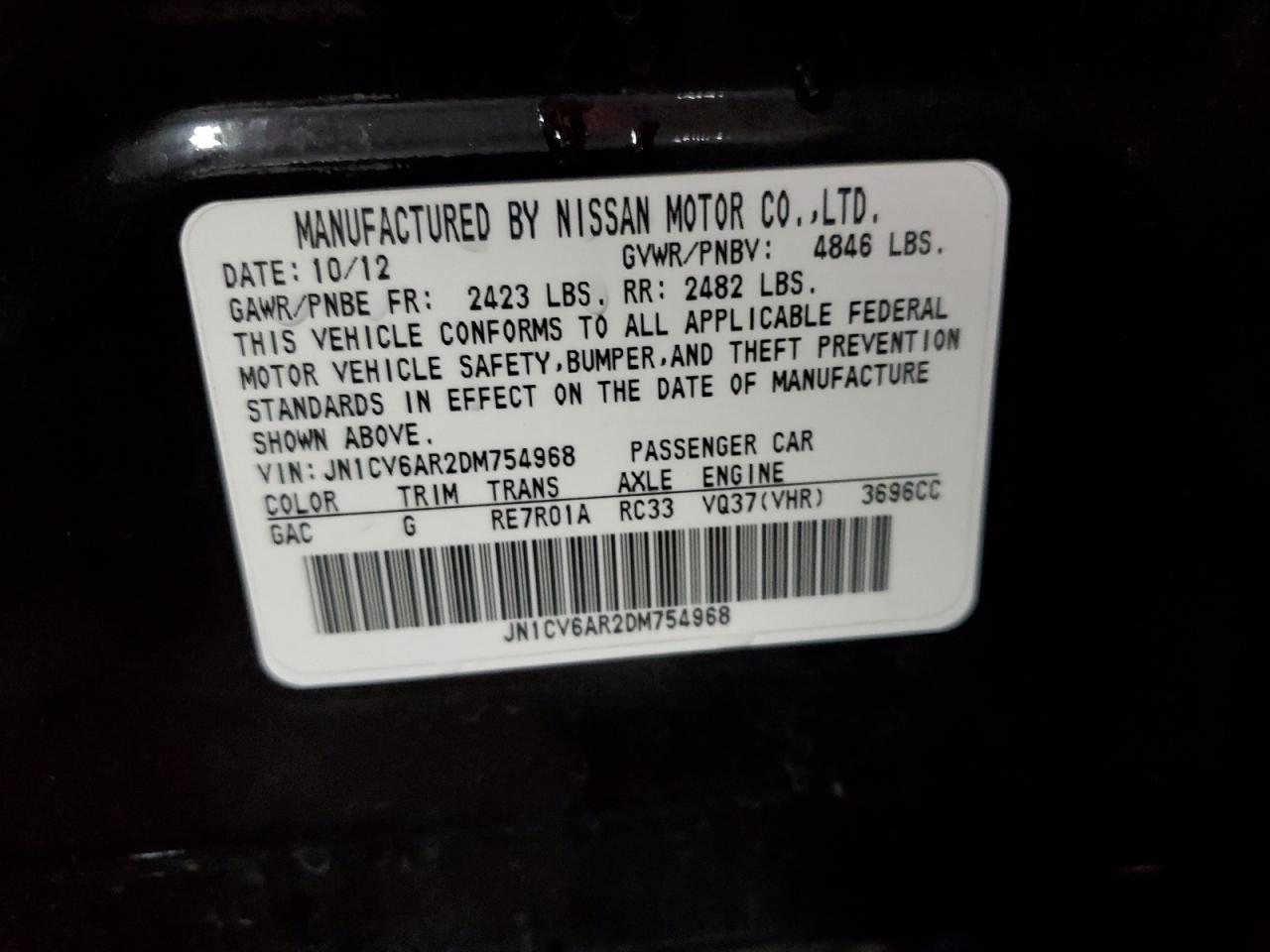 2013 Infiniti G37 VIN: JN1CV6AR2DM754968 Lot: 68159755