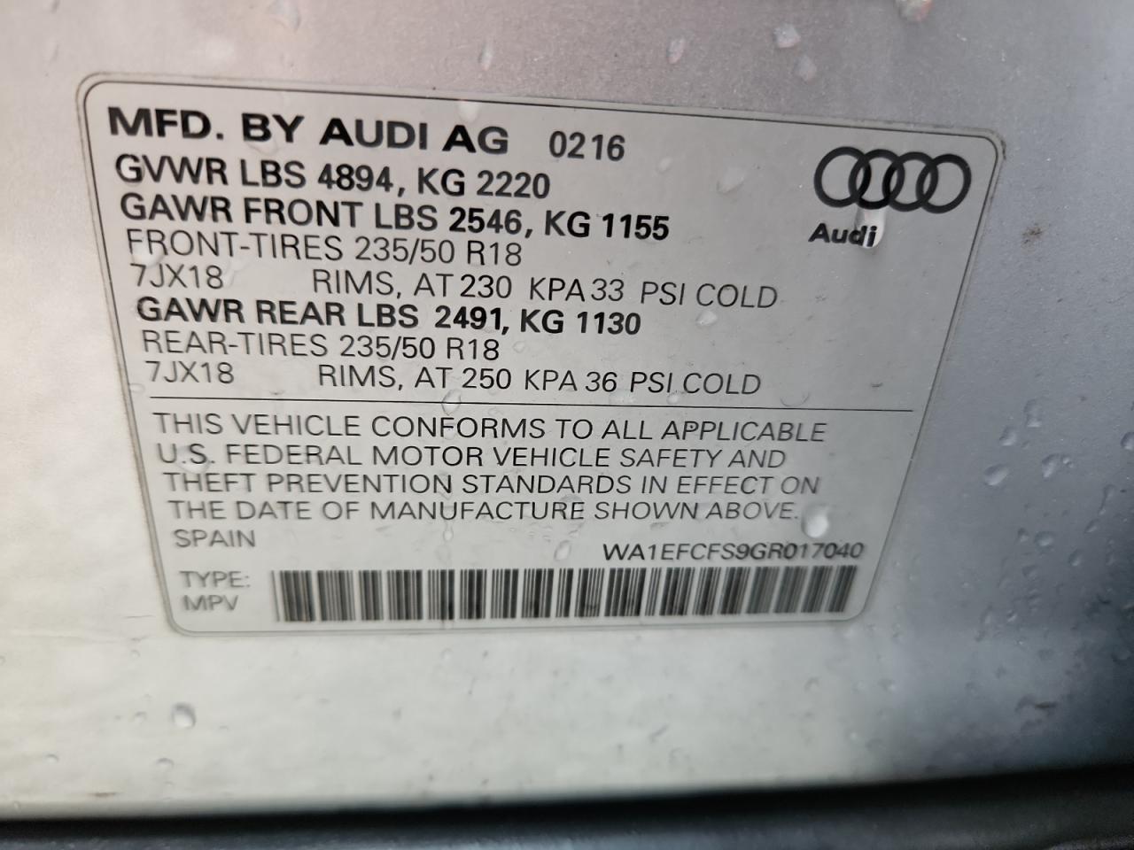 2016 Audi Q3 Premium Plus VIN: WA1EFCFS9GR017040 Lot: 69858285