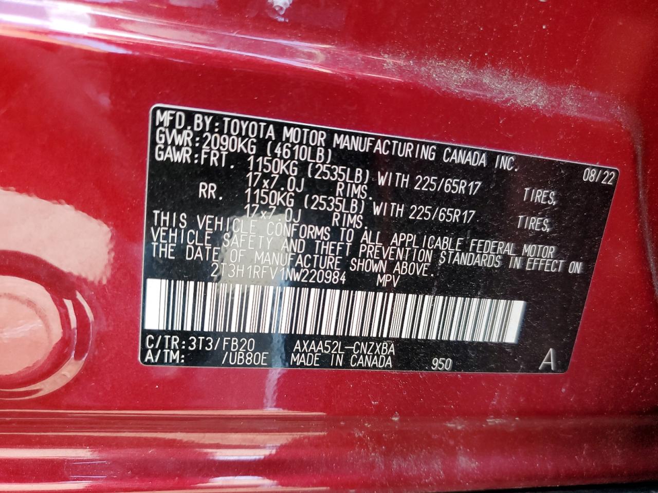 2022 Toyota Rav4 Le VIN: 2T3H1RFV1NW220984 Lot: 69103515