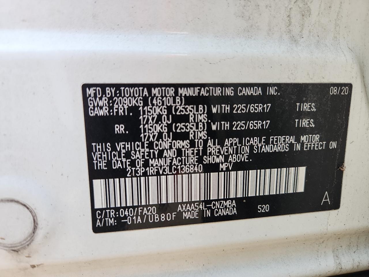 2020 Toyota Rav4 Xle VIN: 2T3P1RFV3LC136840 Lot: 69087675