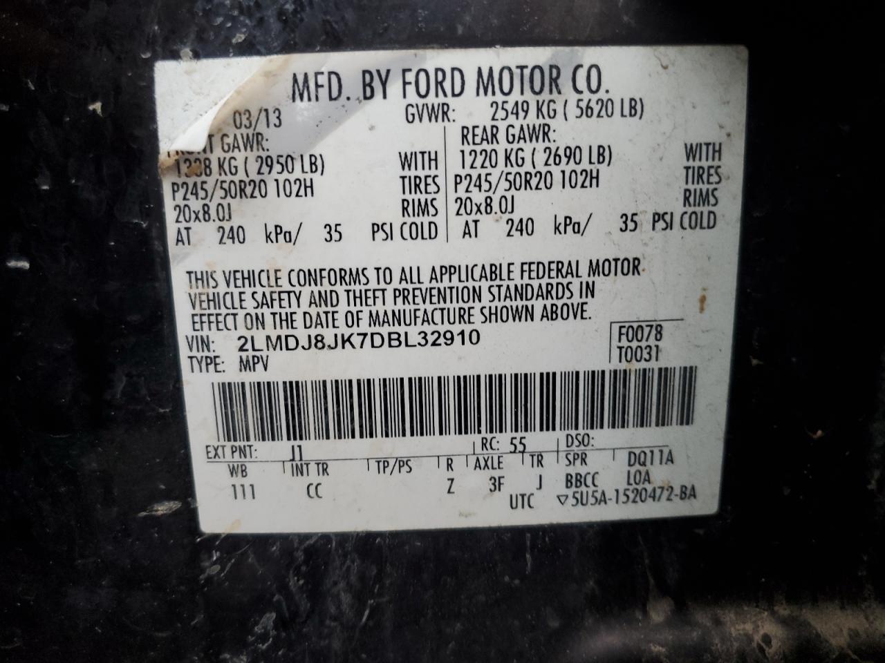 2013 Lincoln Mkx VIN: 2LMDJ8JK7DBL32910 Lot: 70283615