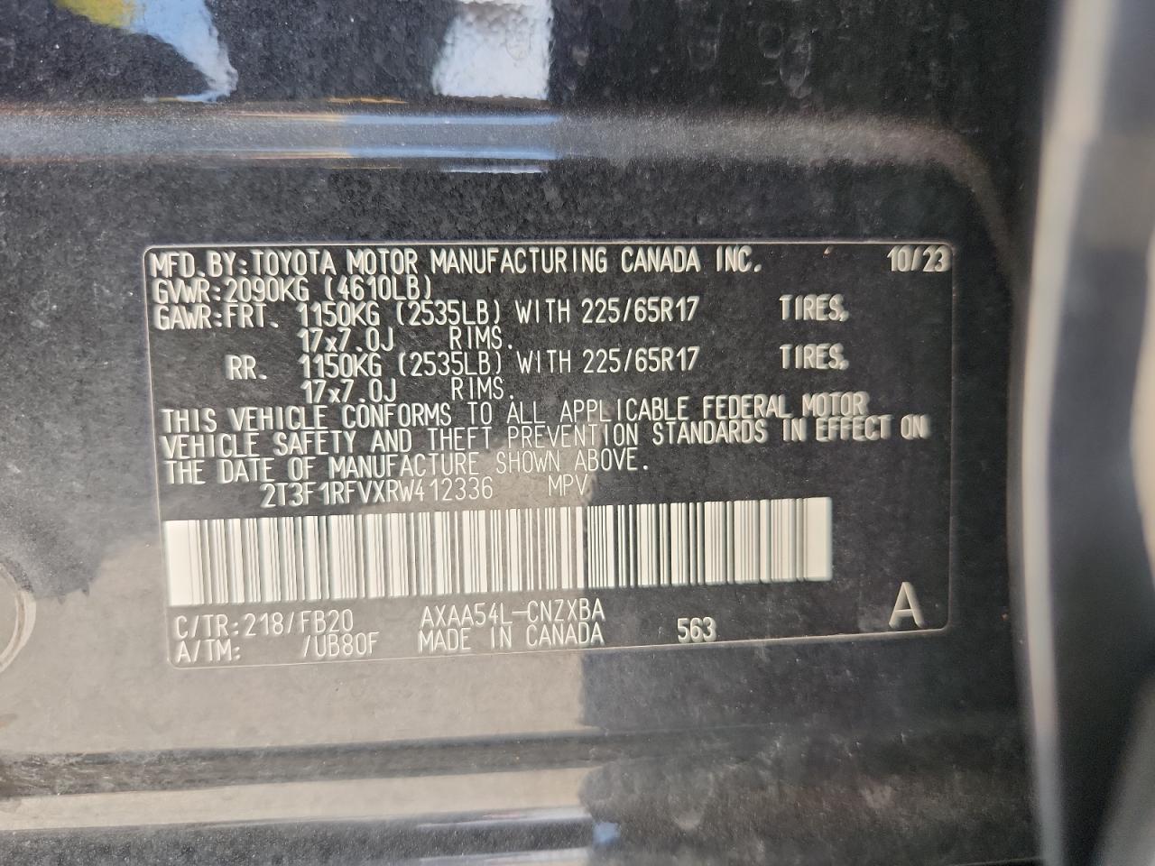 2024 Toyota Rav4 Le VIN: 2T3F1RFVXRW412336 Lot: 67464725