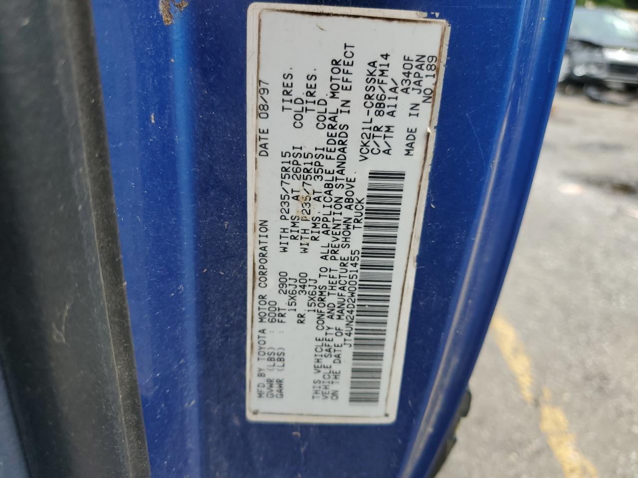 1998 Toyota T100 Xtracab Sr5 VIN: JT4UN24D2W0051455 Lot: 70645725