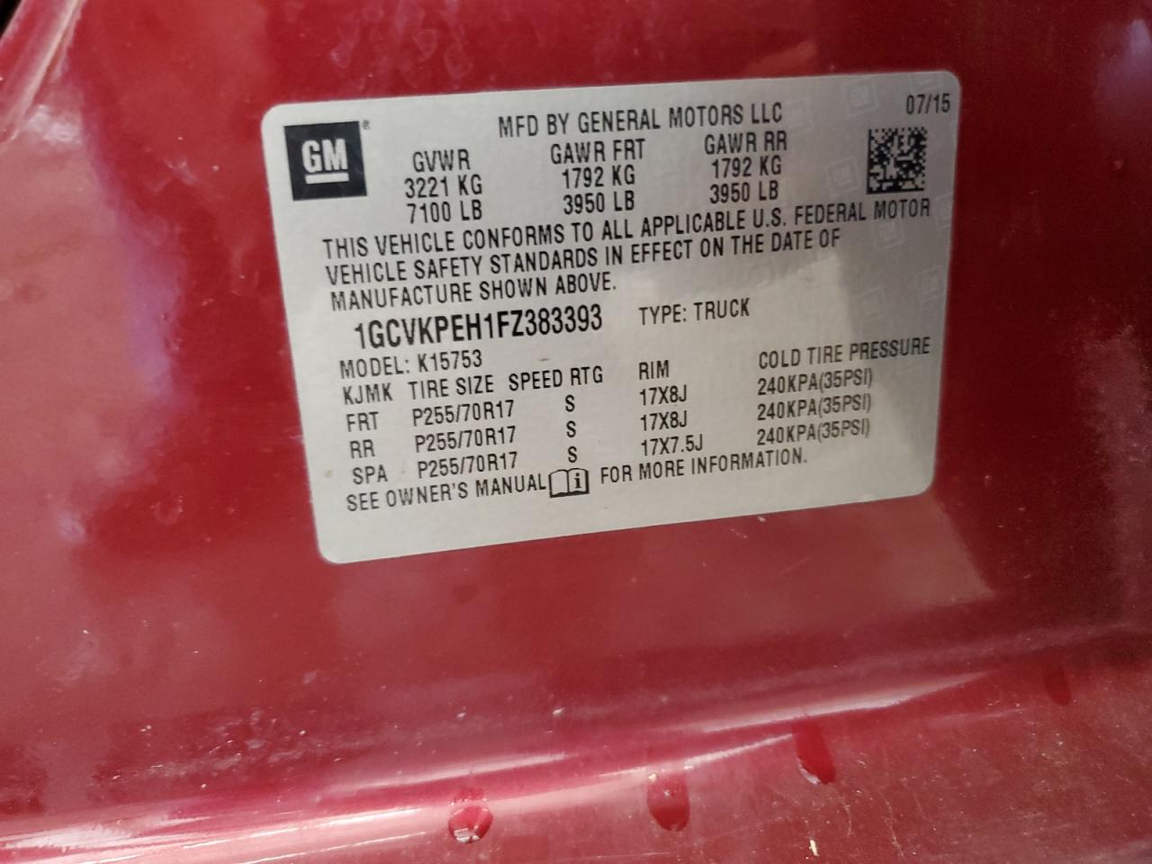 2015 Chevrolet Silverado K1500 VIN: 1GCVKPEH1FZ383393 Lot: 67919565