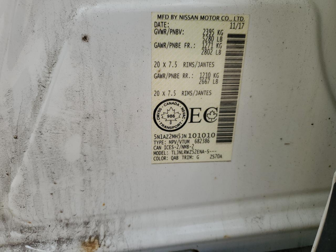 2018 Nissan Murano S VIN: 5N1AZ2MH5JN101010 Lot: 69518695