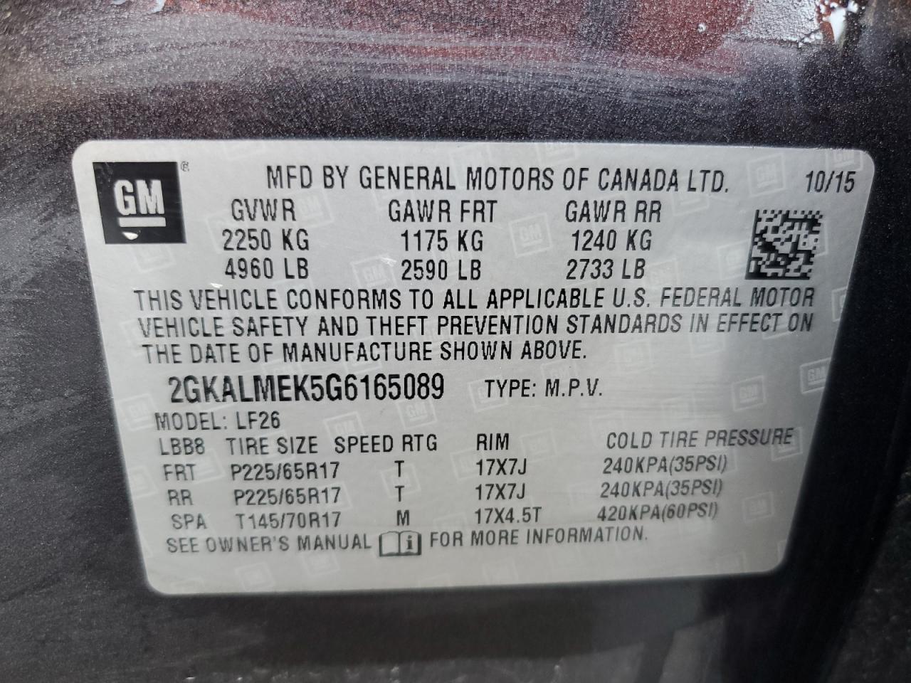 2016 GMC Terrain Sle VIN: 2GKALMEK5G6165089 Lot: 42865835