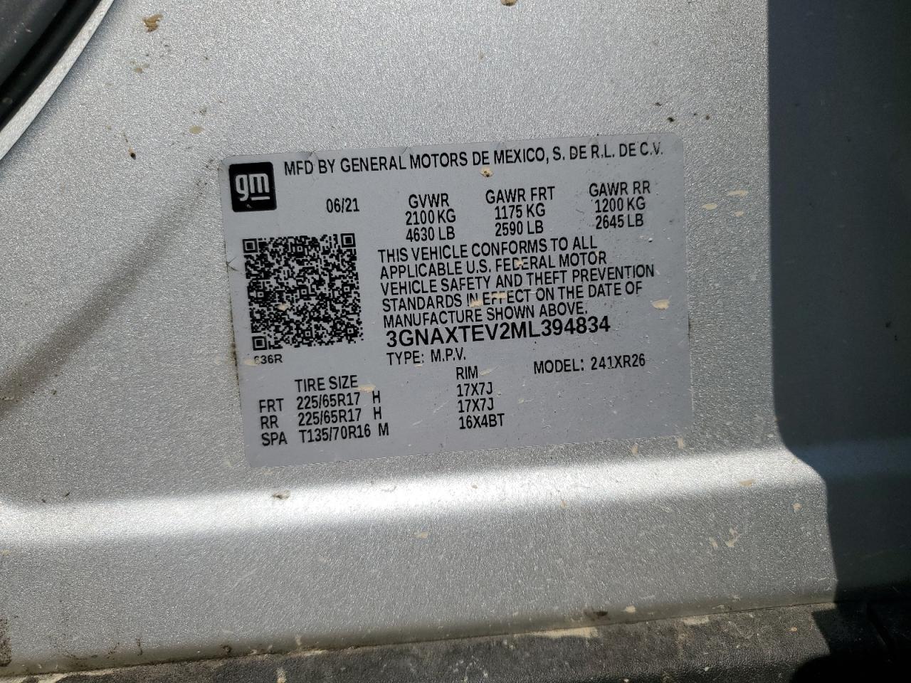 2021 Chevrolet Equinox Lt VIN: 3GNAXTEV2ML394834 Lot: 70732055