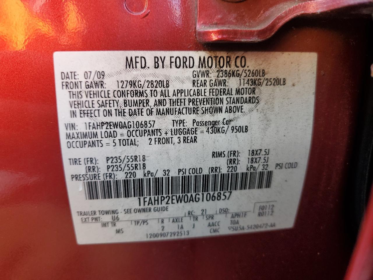 2010 Ford Taurus Sel VIN: 1FAHP2EW0AG106857 Lot: 69204205