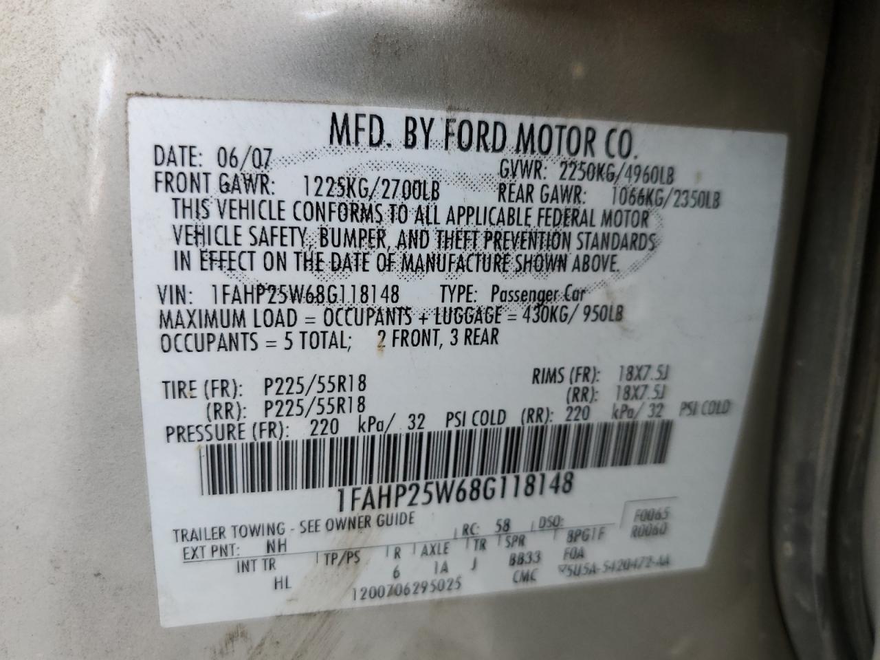2008 Ford Taurus Limited VIN: 1FAHP25W68G118148 Lot: 70930145