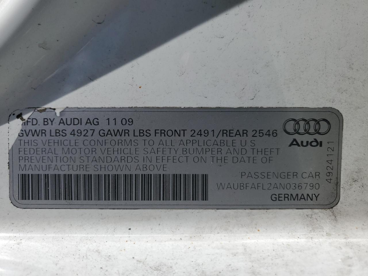 2010 Audi A4 Premium VIN: WAUBFAFL2AN036790 Lot: 68025755