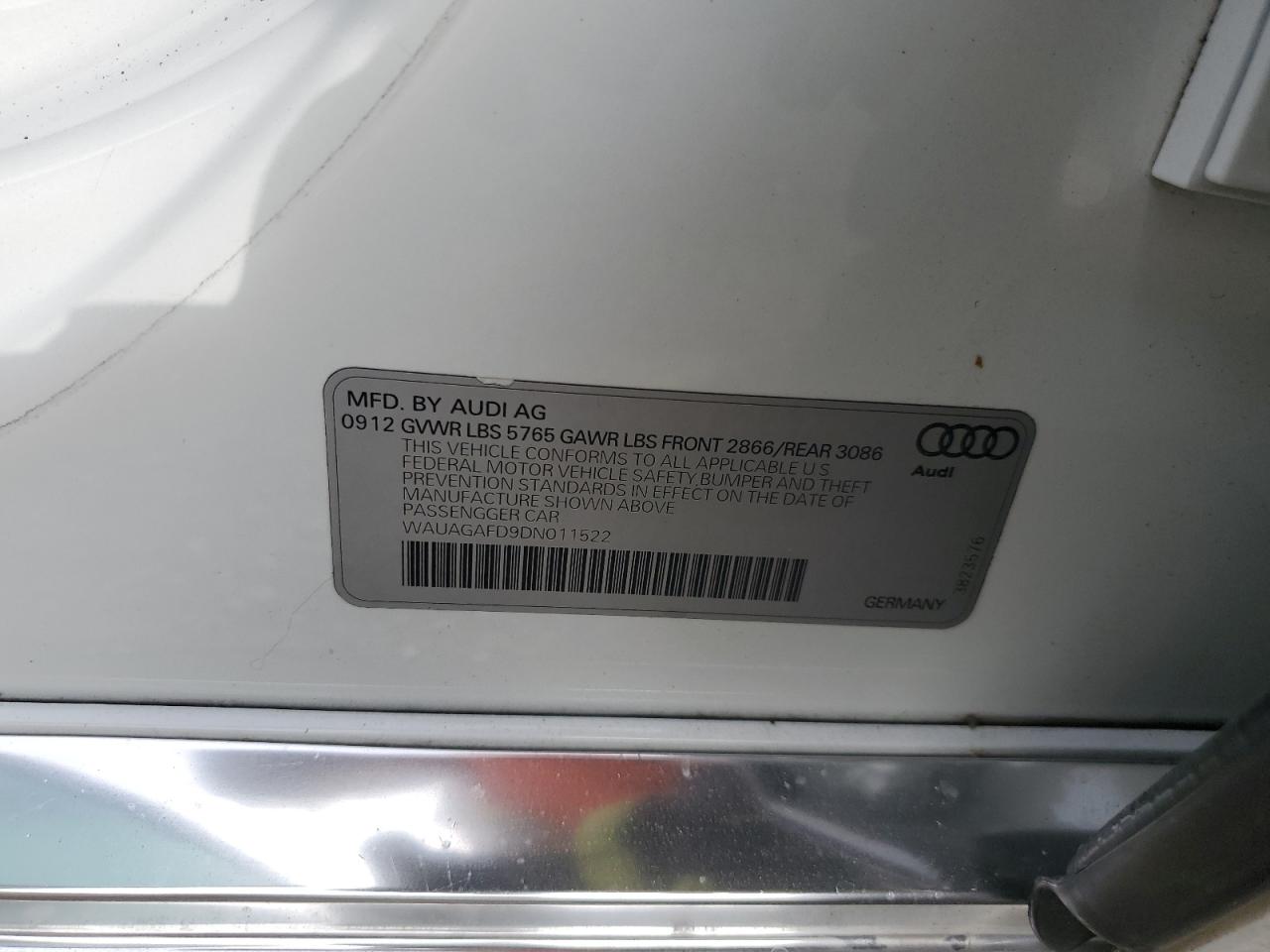 2013 Audi A8 Quattro VIN: WAUAGAFD9DN011522 Lot: 68629395