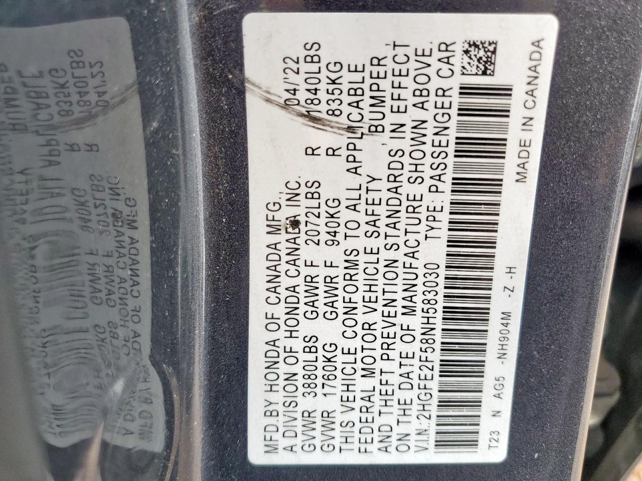 2022 Honda Civic Sport VIN: 2HGFE2F58NH583030 Lot: 68490255