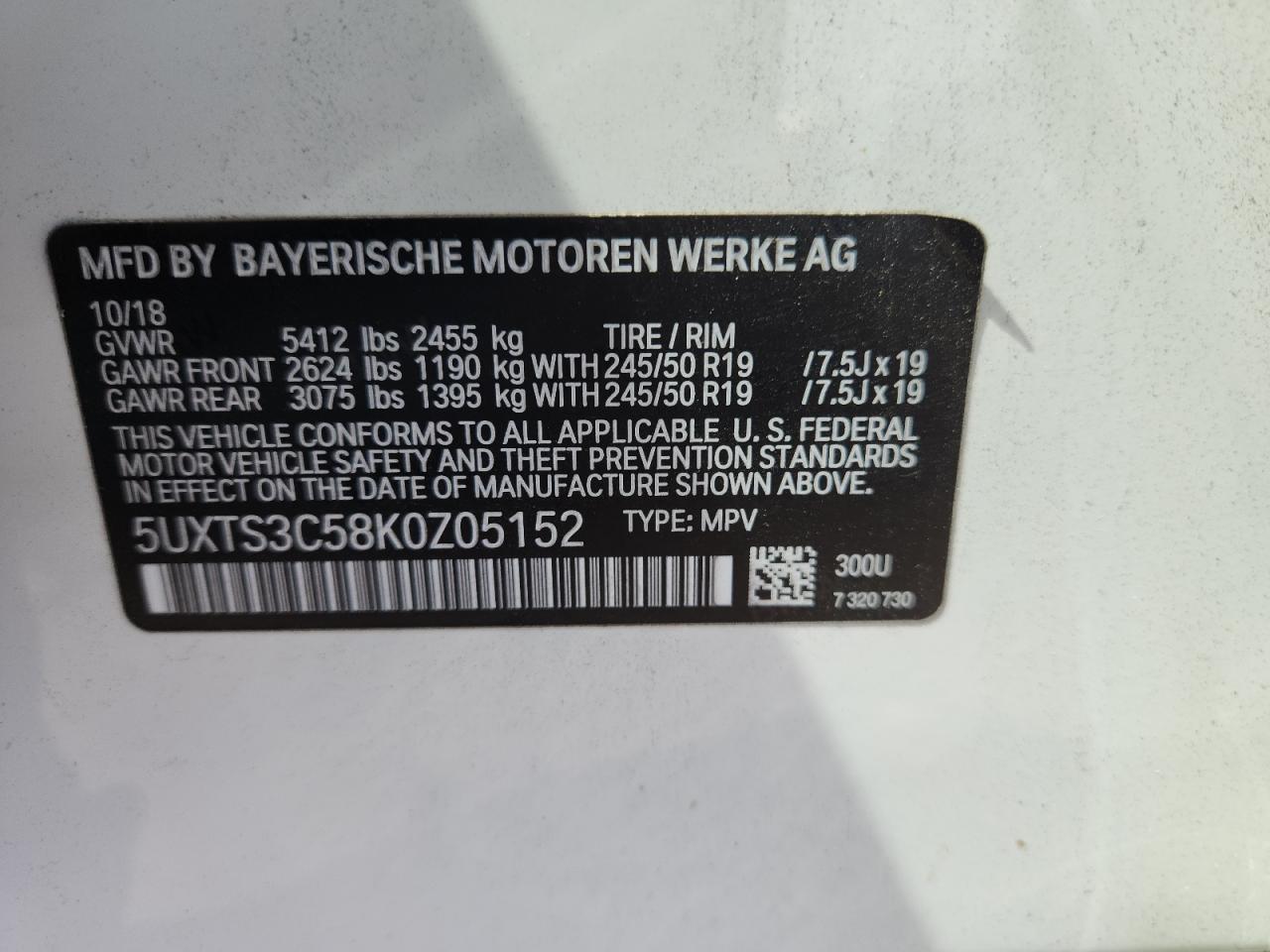 2019 BMW X3 xDrivem40I VIN: 5UXTS3C58K0Z05152 Lot: 70561305