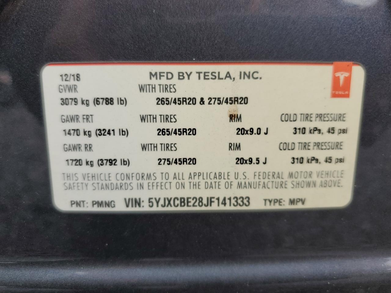 2018 Tesla Model X VIN: 5YJXCBE28JF141333 Lot: 67010115