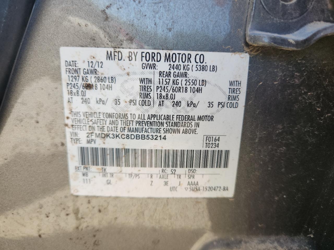 2013 Ford Edge Limited VIN: 2FMDK3KC8DBB53214 Lot: 91770825