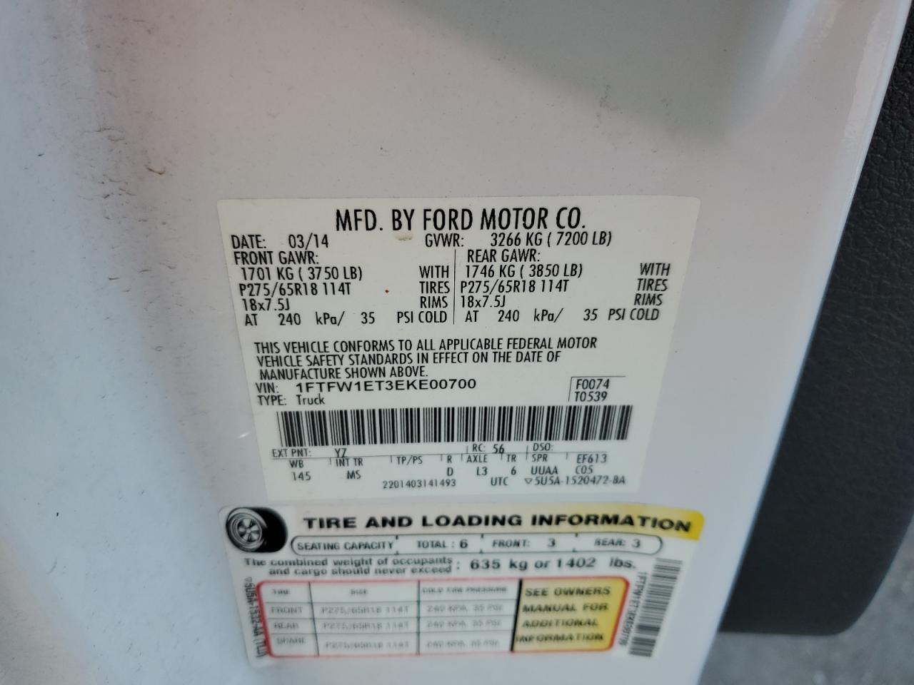 2014 Ford F150 Supercrew VIN: 1FTFW1ET3EKE00700 Lot: 67864025