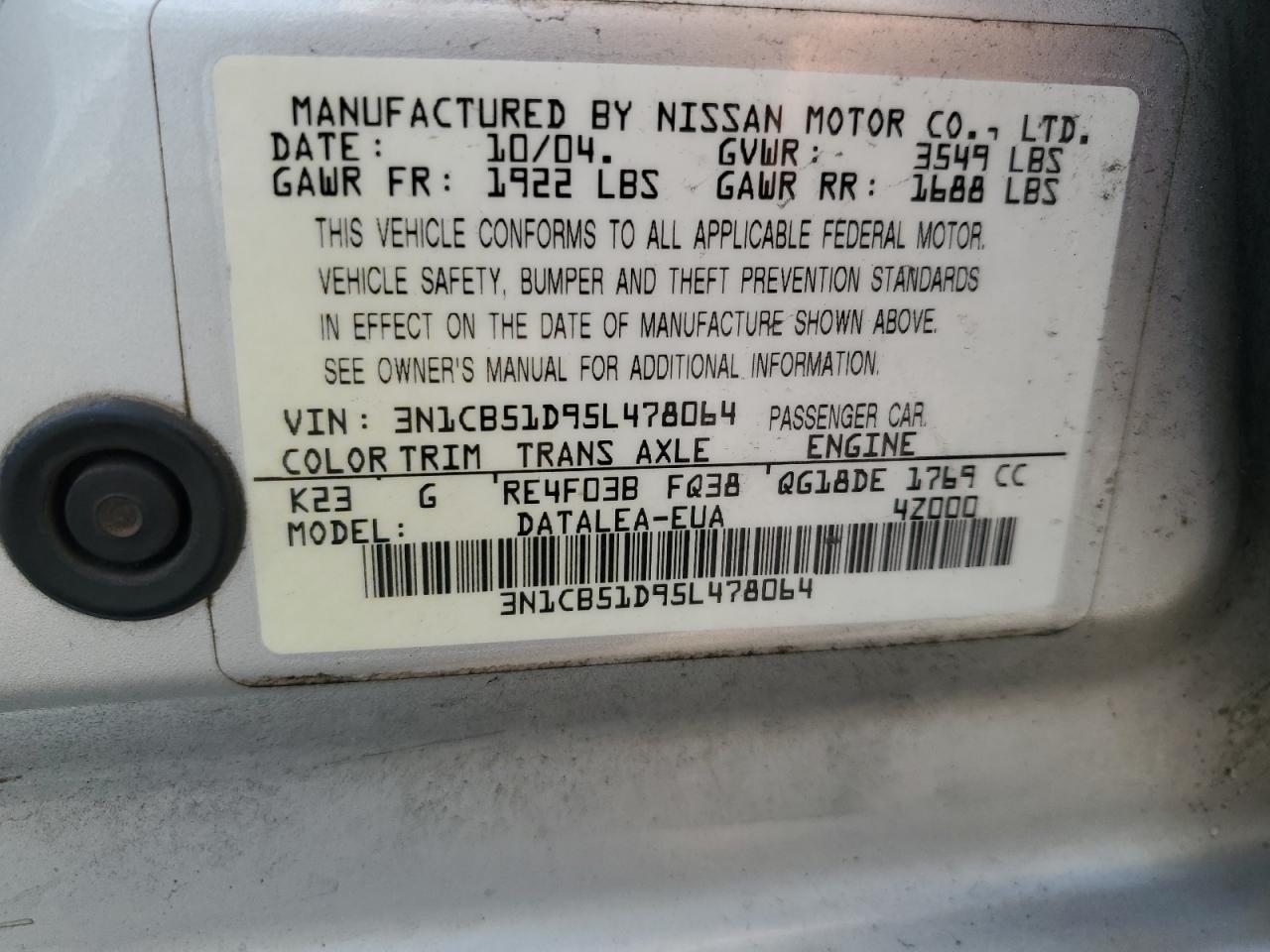 2005 Nissan Sentra 1.8 VIN: 3N1CB51D95L478064 Lot: 70096175