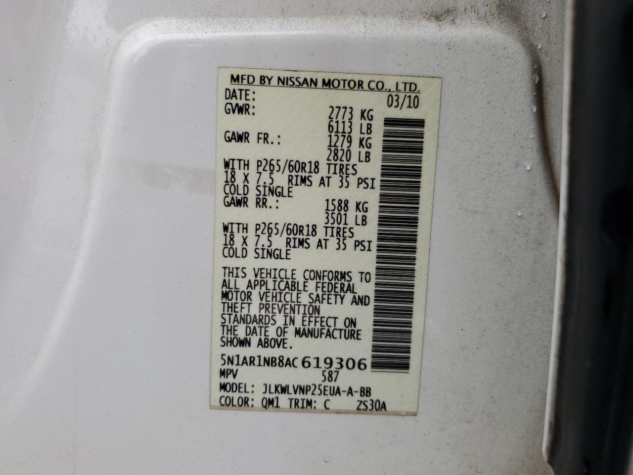 2010 Nissan Pathfinder S VIN: 5N1AR1NB8AC619306 Lot: 68924935