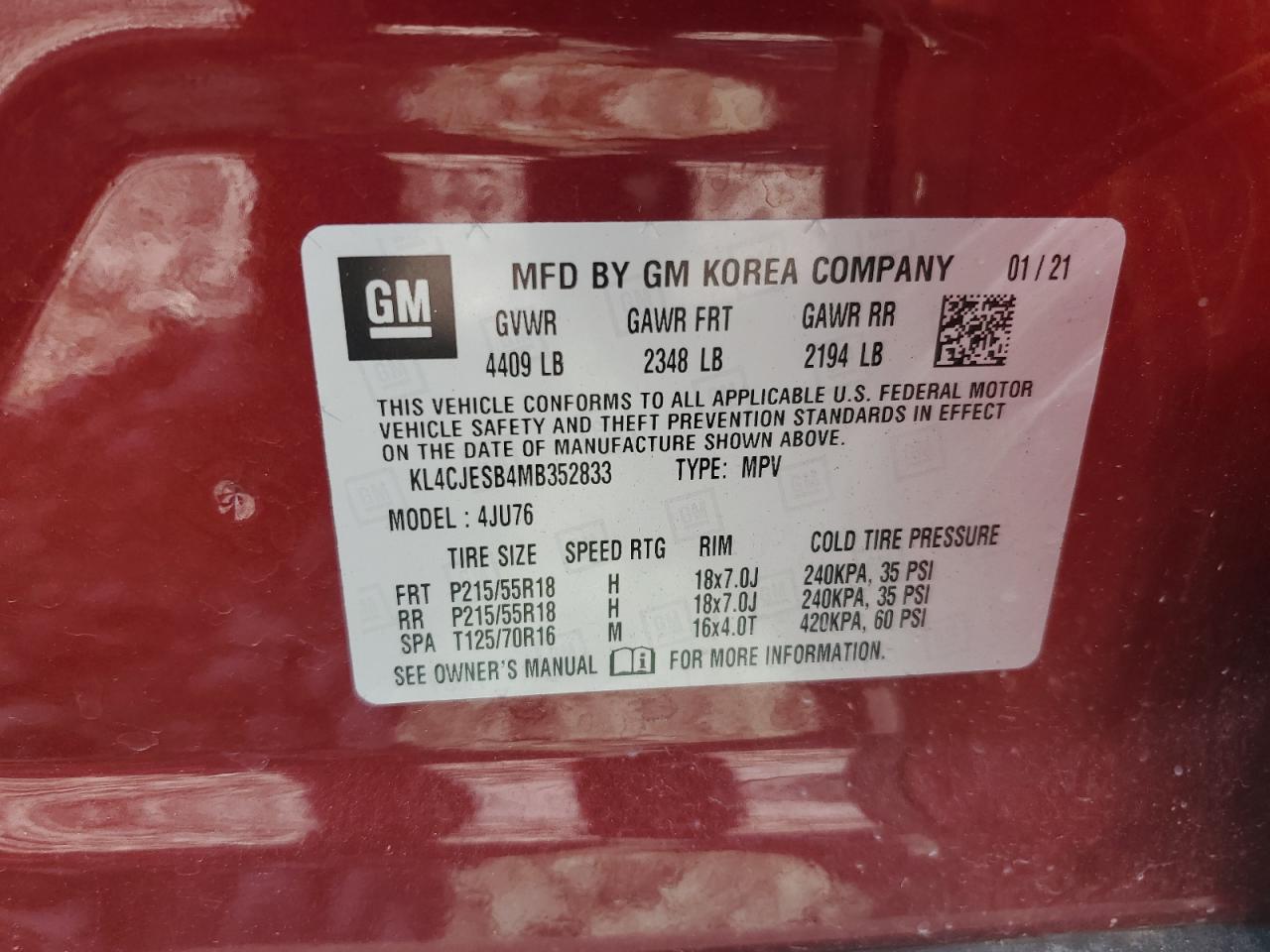 2021 Buick Encore Preferred VIN: KL4CJESB4MB352833 Lot: 67551995