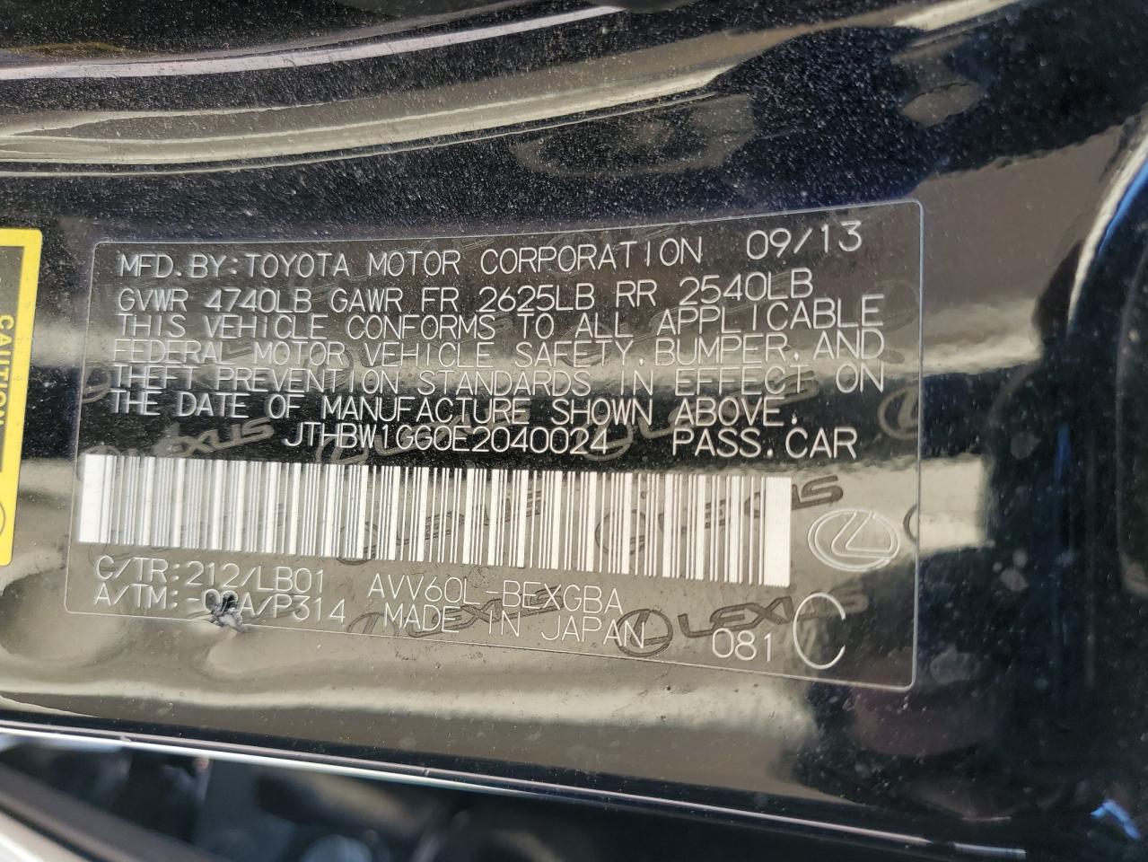 2014 Lexus Es 300H VIN: JTHBW1GG0E2040024 Lot: 70633565