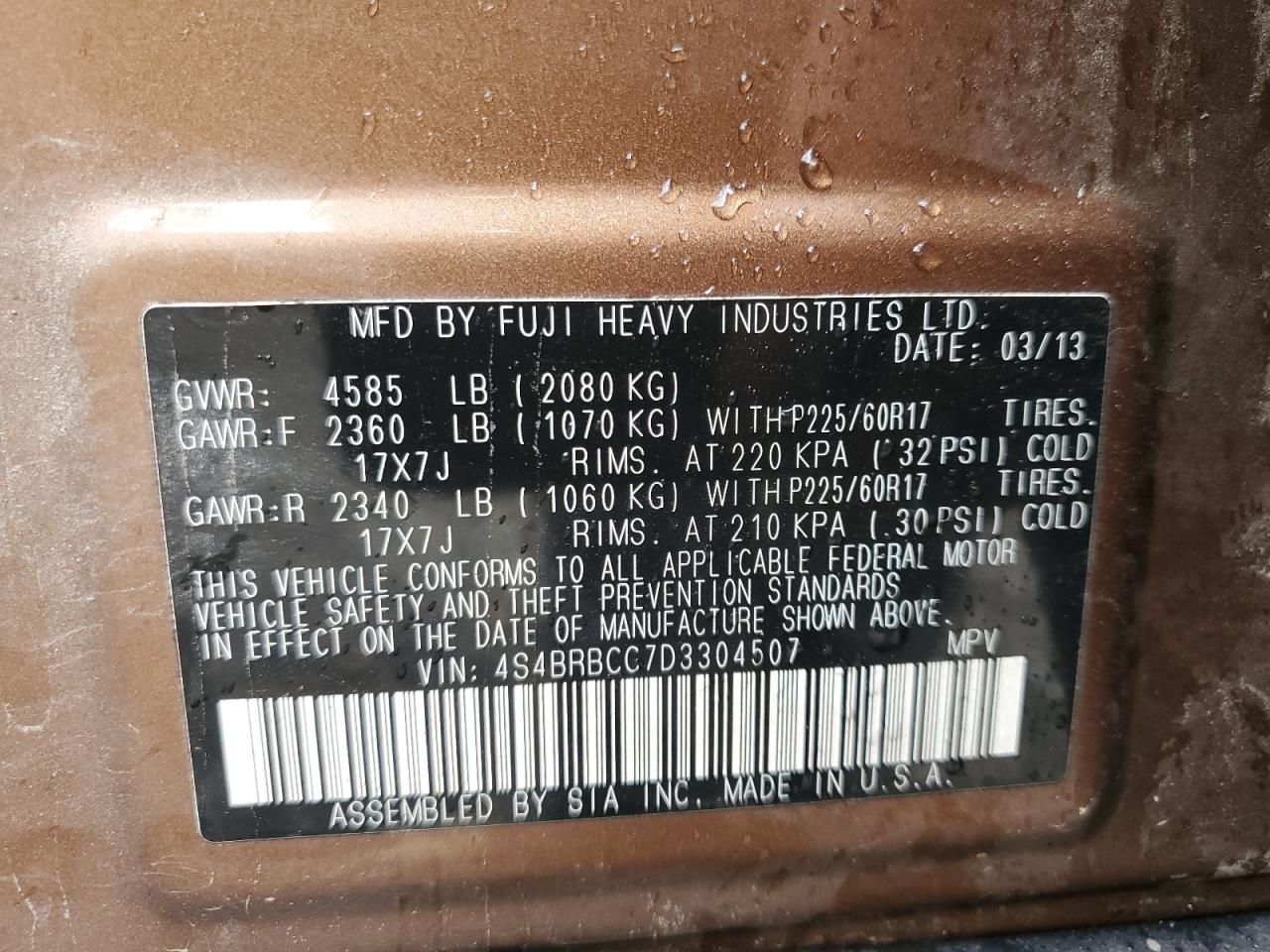 2013 Subaru Outback 2.5I Premium VIN: 4S4BRBCC7D3304507 Lot: 70481785