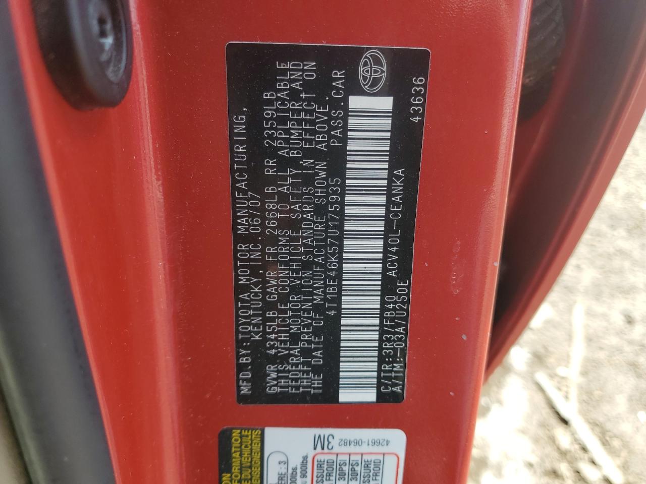 2007 Toyota Camry Ce VIN: 4T1BE46K57U175935 Lot: 69611225