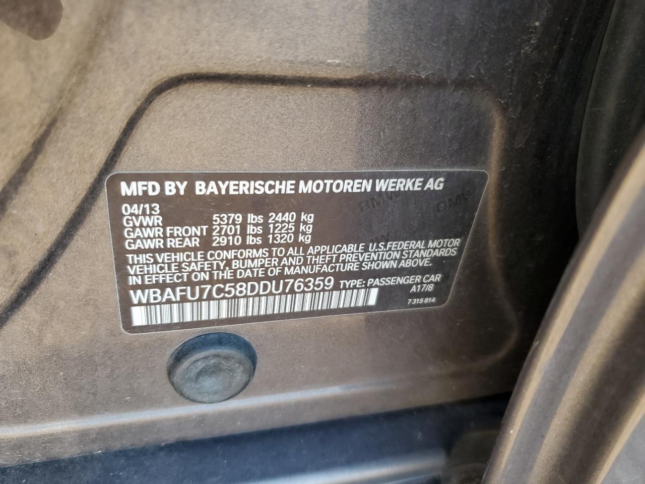 2013 BMW 535 Xi VIN: WBAFU7C58DDU76359 Lot: 69503525