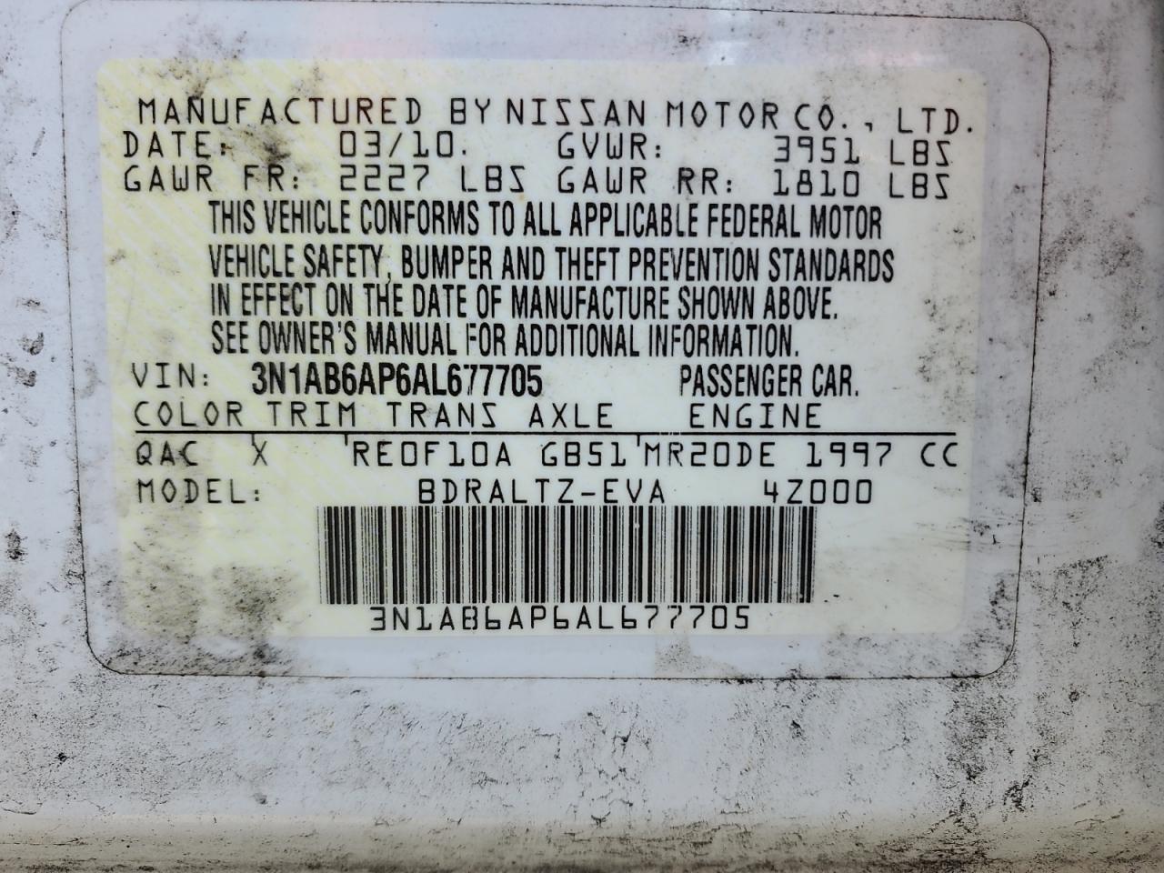 2010 Nissan Sentra 2.0 VIN: 3N1AB6AP6AL677705 Lot: 70165425