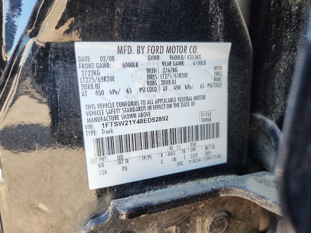 2008 Ford F250 Super Duty VIN: 1FTSW21Y48ED52892 Lot: 69621175