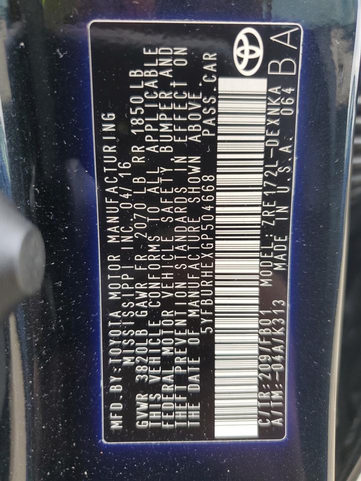 2016 Toyota Corolla L VIN: 5YFBURHEXGP504668 Lot: 68151515