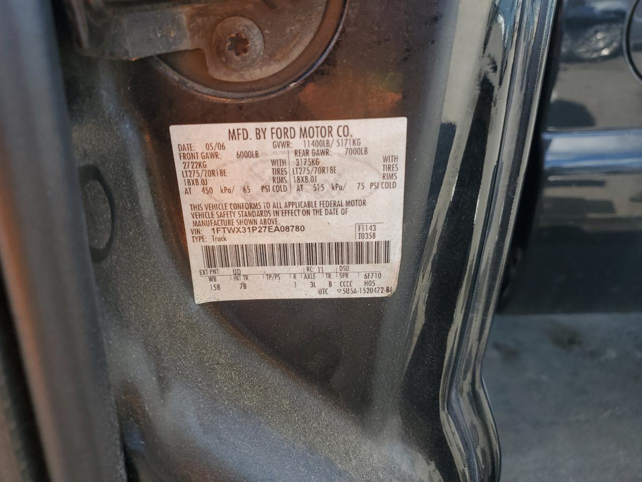2007 Ford F350 Srw Super Duty VIN: 1FTWX31P27EA08780 Lot: 69210195
