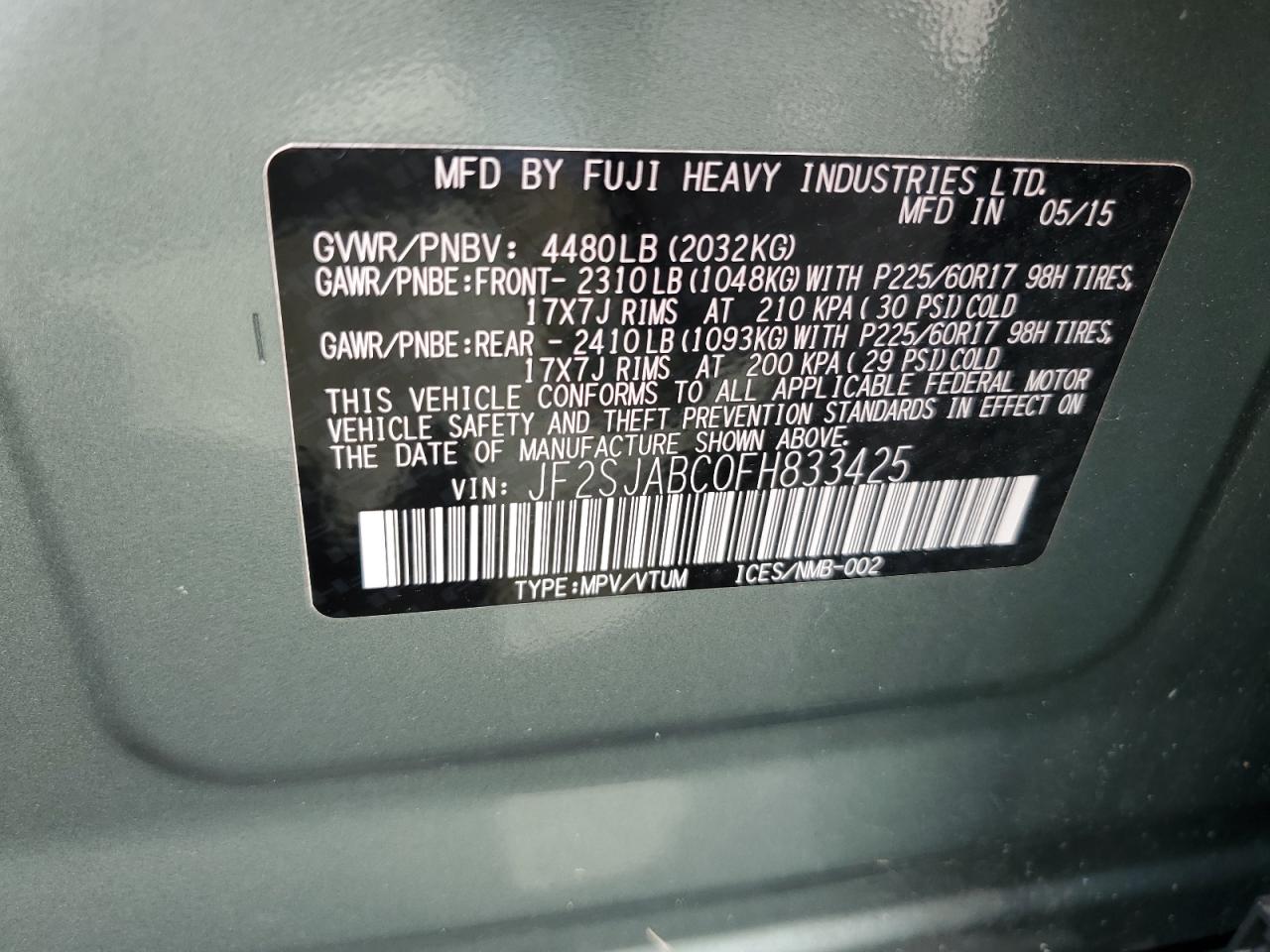 2015 Subaru Forester 2.5I VIN: JF2SJABC0FH833425 Lot: 70267405