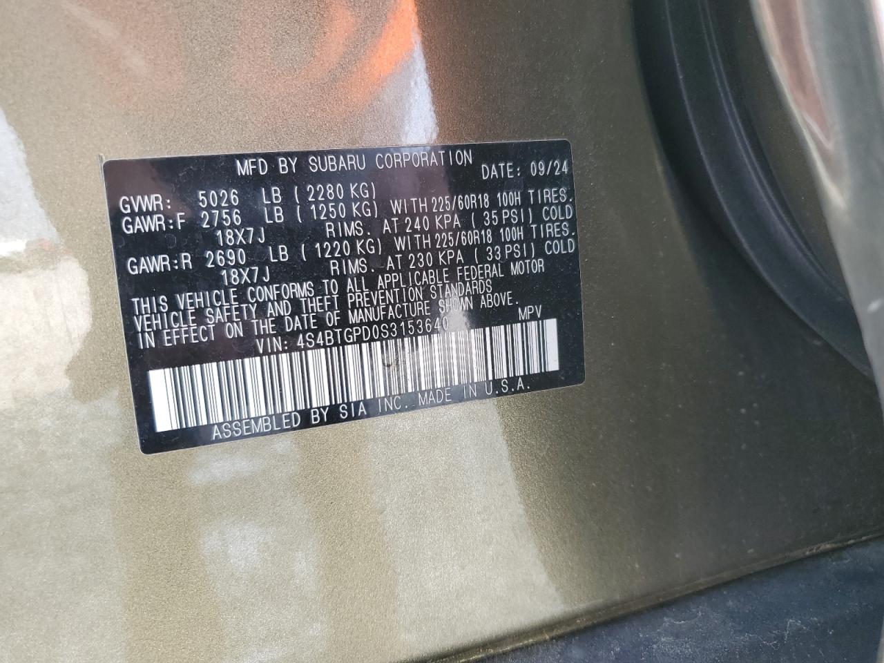 2025 Subaru Outback Touring VIN: 4S4BTGPD0S3153640 Lot: 81146805