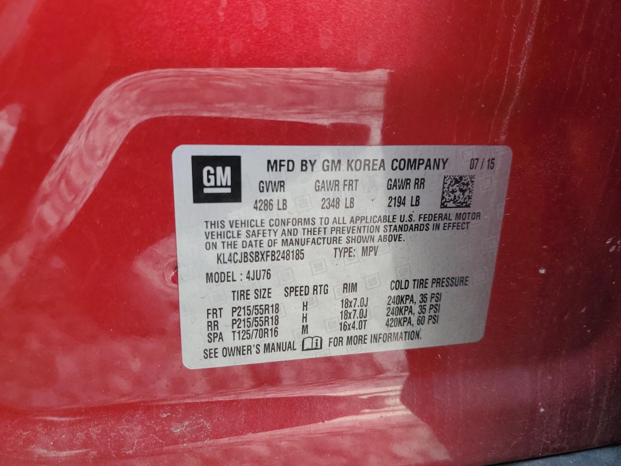 2015 Buick Encore Convenience VIN: KL4CJBSBXFB248185 Lot: 67978915