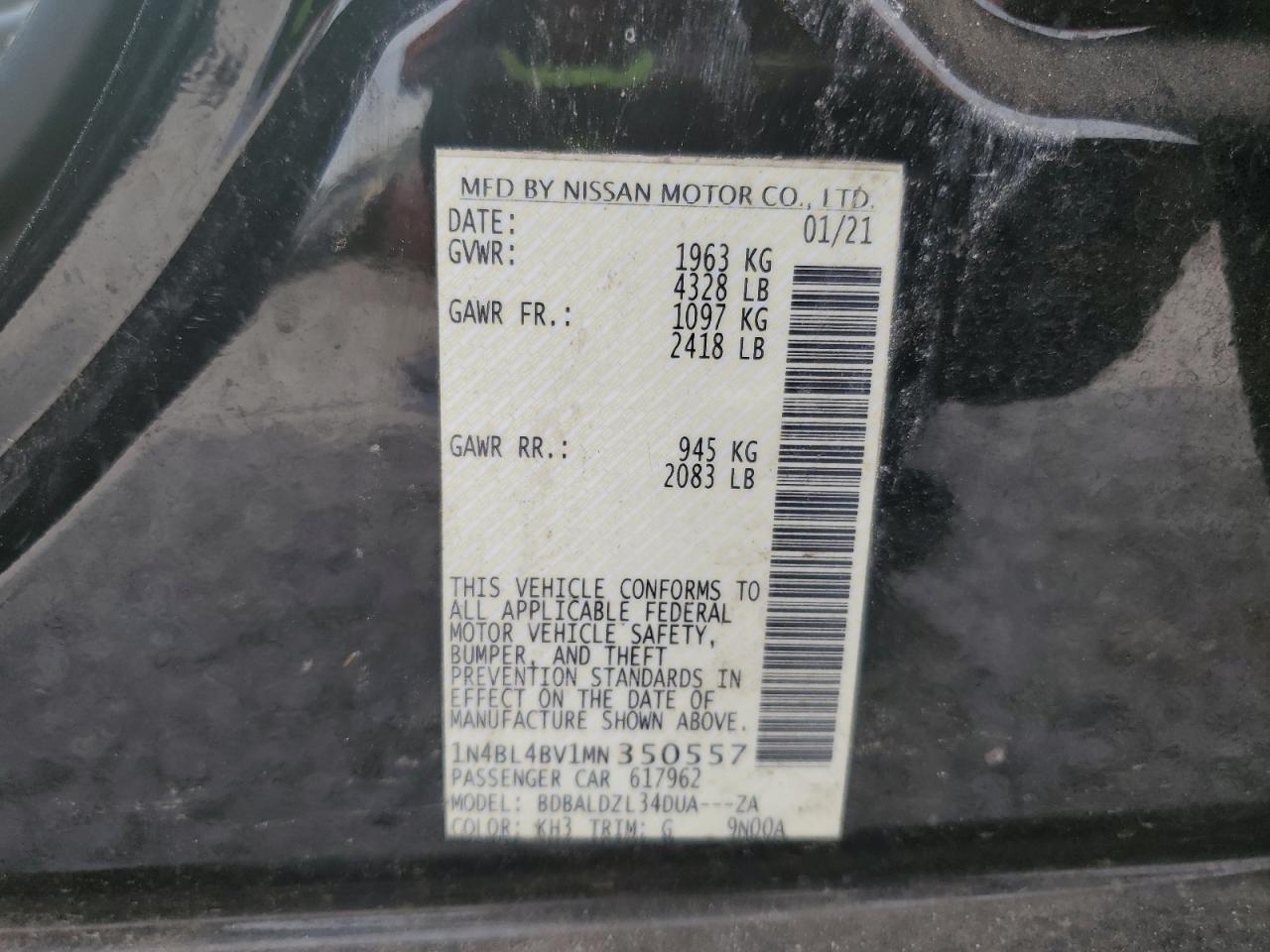2021 Nissan Altima S VIN: 1N4BL4BV1MN350557 Lot: 70748475
