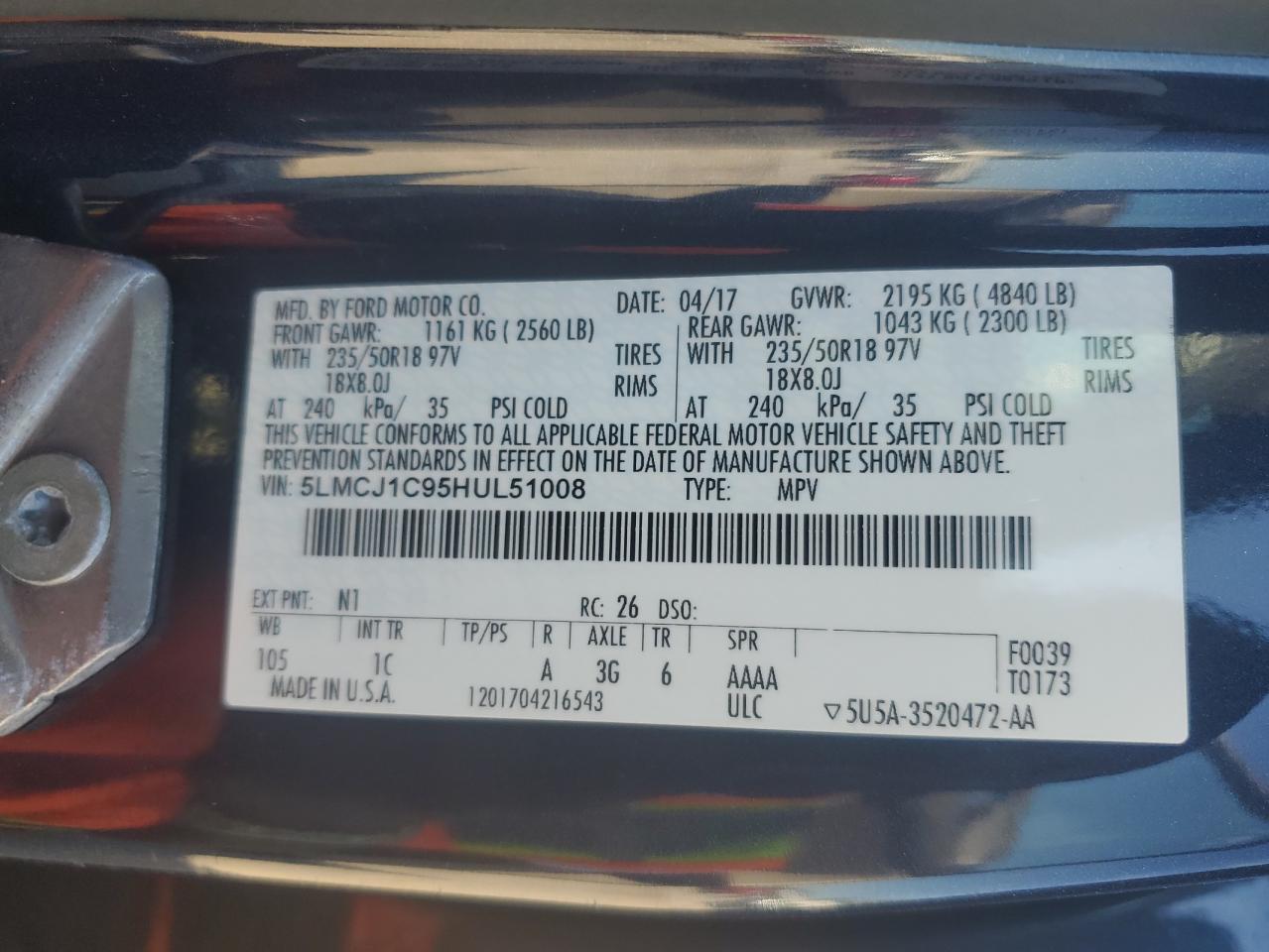 2017 Lincoln Mkc Premiere VIN: 5LMCJ1C95HUL51008 Lot: 70568905
