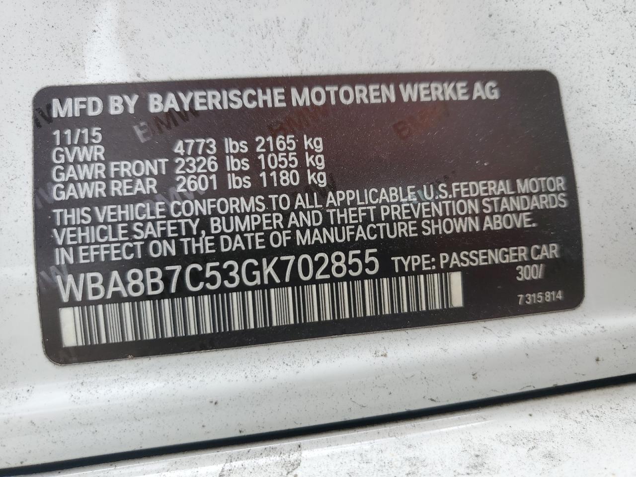 2016 BMW 340 Xi VIN: WBA8B7C53GK702855 Lot: 68274745