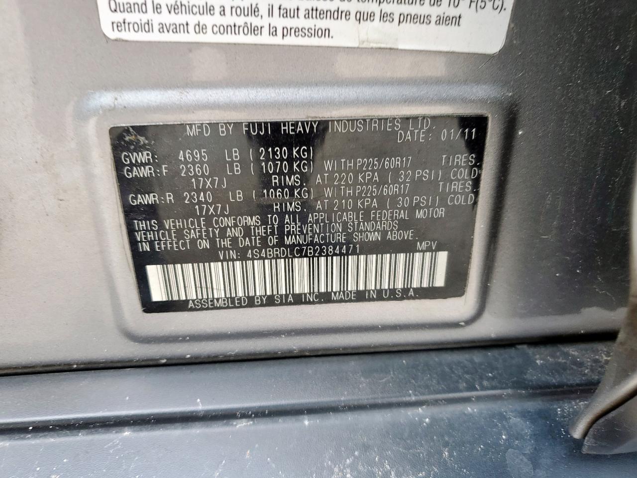 2011 Subaru Outback 3.6R Limited VIN: 4S4BRDLC7B2384471 Lot: 68336835